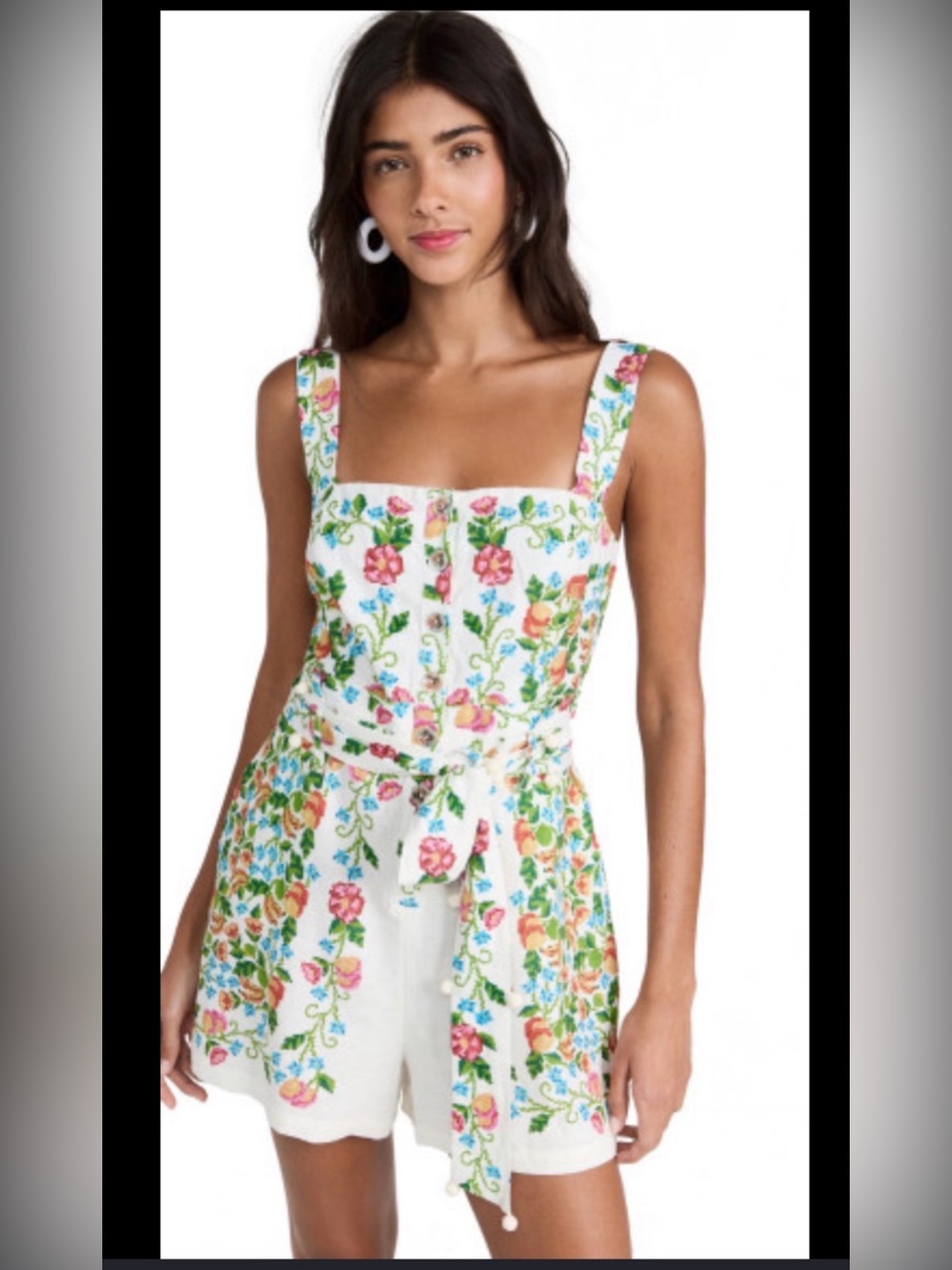 FARM Rio White Floral Embroidered Romper with Pink & Green Accents